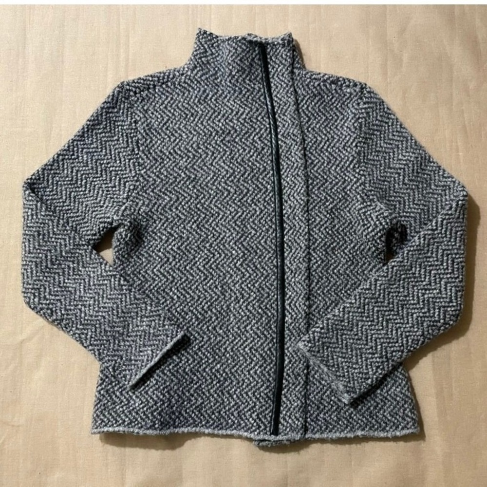 Eileen Fisher Organic Wool Tweed Jacket Sz M Leather Trim Autumn Workwear Career